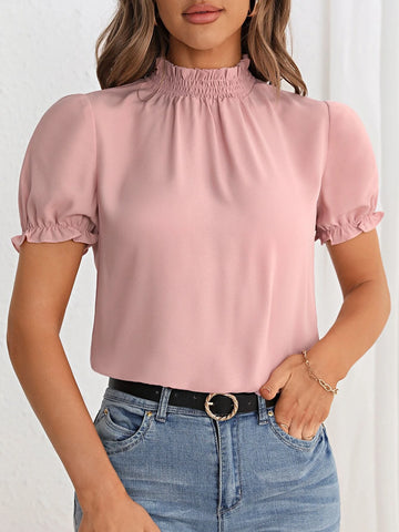 Unity Frill Trim Puff Sleeve Mock Neck Blouse