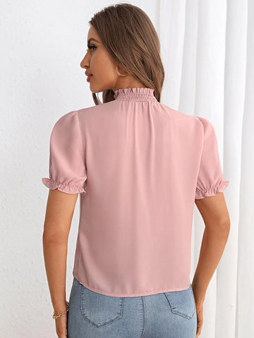 Unity Frill Trim Puff Sleeve Mock Neck Blouse