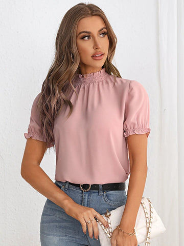 Unity Frill Trim Puff Sleeve Mock Neck Blouse