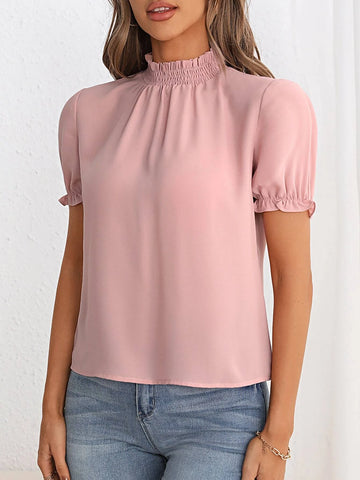 Unity Frill Trim Puff Sleeve Mock Neck Blouse