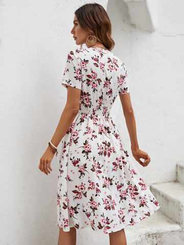 Floral Print Surplice Neck Shirred Waist Dress