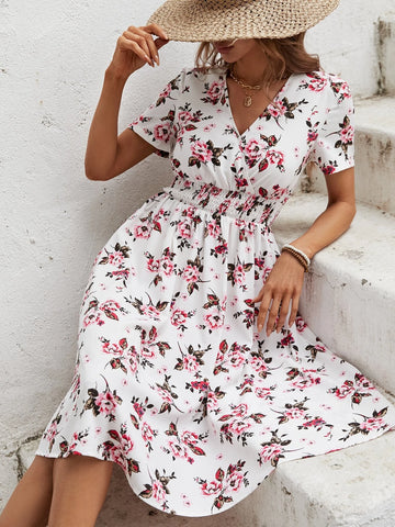 Floral Print Surplice Neck Shirred Waist Dress