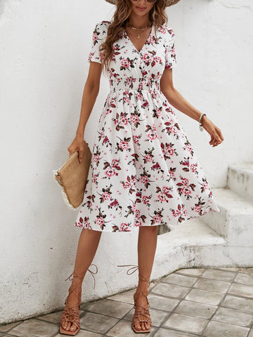 Floral Print Surplice Neck Shirred Waist Dress