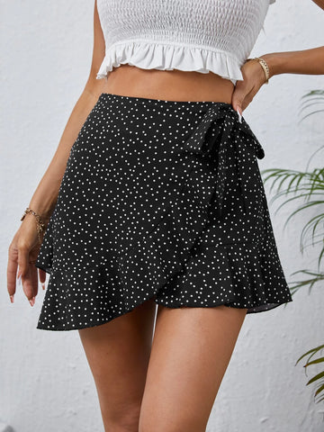 VCAY Polka Dot Print Knot Side Ruffle Trim Wrap Skort