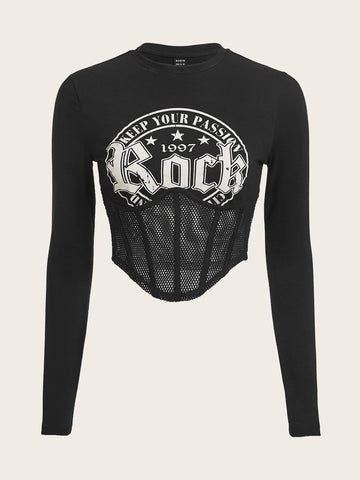 ICON Bikercore Letter Graphic Contrast Mesh Crop Tee