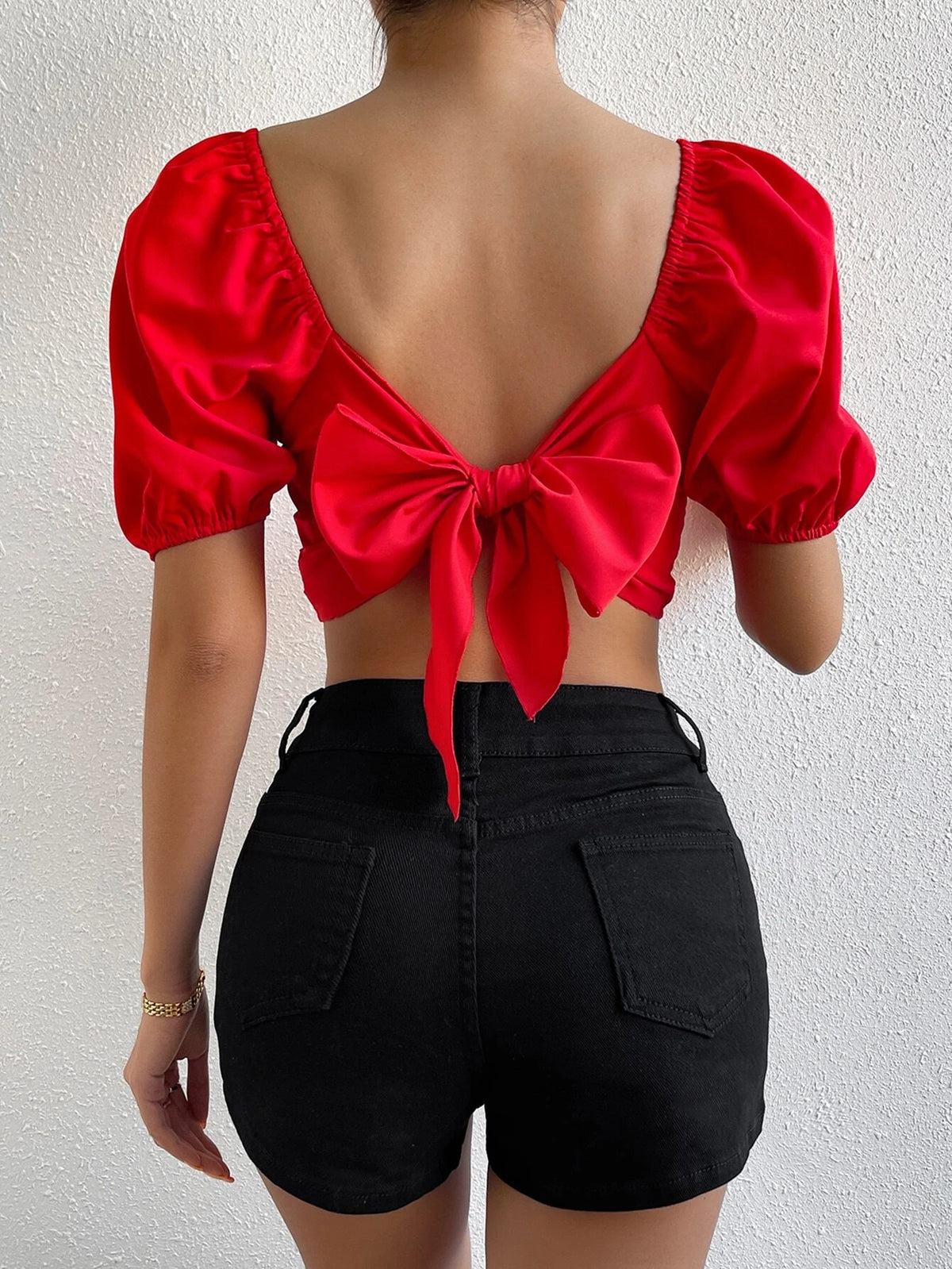 Jacquard Square Neck Puff Sleeve Crop Blouse