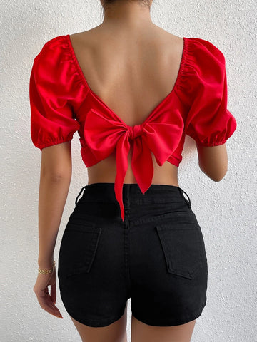 Jacquard Square Neck Puff Sleeve Crop Blouse