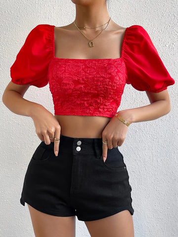 Jacquard Square Neck Puff Sleeve Crop Blouse