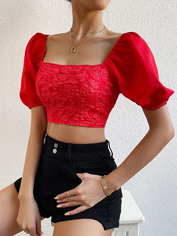 Jacquard Square Neck Puff Sleeve Crop Blouse