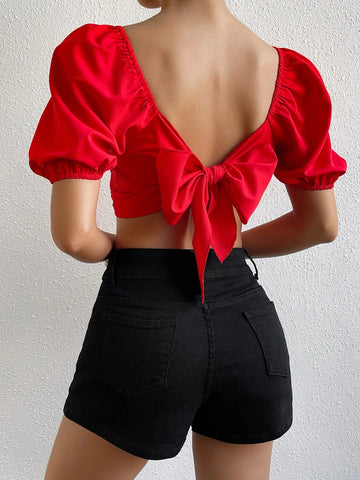 Jacquard Square Neck Puff Sleeve Crop Blouse