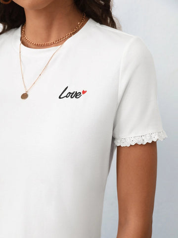 Frenchy Heart & Letter Graphic Frill Trim Tee
