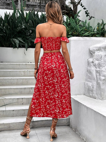 Floral Print Off Shoulder Crop Top & Split Thigh Skirt
