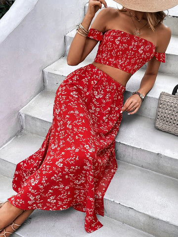 Floral Print Off Shoulder Crop Top & Split Thigh Skirt