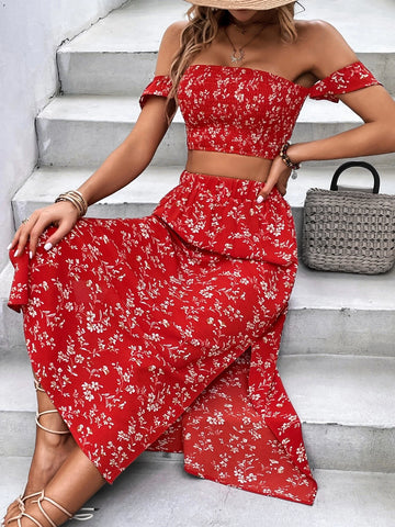 Floral Print Off Shoulder Crop Top & Split Thigh Skirt