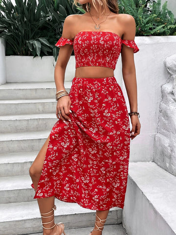 Floral Print Off Shoulder Crop Top & Split Thigh Skirt
