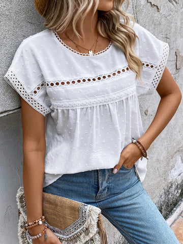 EMERY ROSE Swiss Dot Contrast Lace Batwing Sleeve Blouse