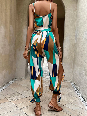 Allover Print Knot Hem Belted Cami Jumpsuit
