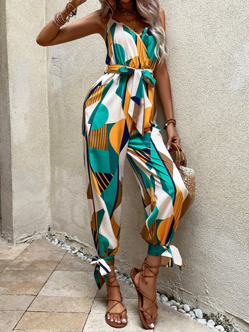 Allover Print Knot Hem Belted Cami Jumpsuit
