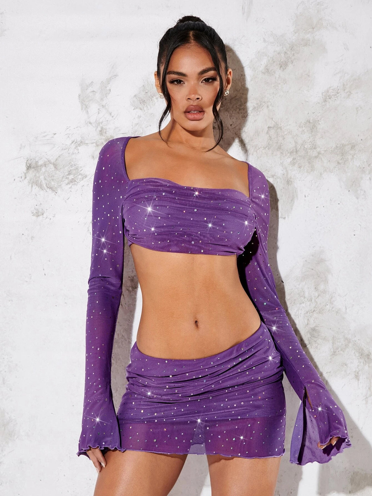 Contrast Sequin Square Neck Flounce Sleeve Crop Top & Skirt Without Belt