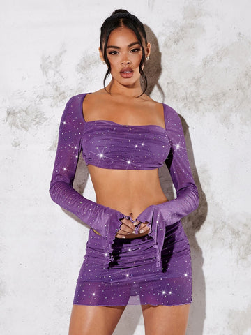 Contrast Sequin Square Neck Flounce Sleeve Crop Top & Skirt Without Belt