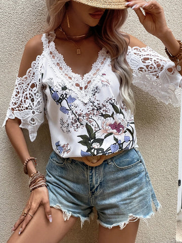 EMERY ROSE Floral Print Guipure Lace Panel Cold Shoulder Blouse