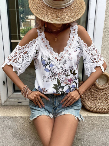 EMERY ROSE Floral Print Guipure Lace Panel Cold Shoulder Blouse