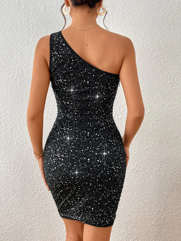 One Shoulder Sequin Decor Bodycon Dress