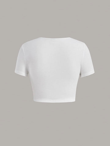 EZwear Butterfly & Letter Graphic Notched Neck Crop Tee