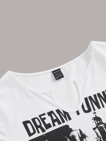 EZwear Butterfly & Letter Graphic Notched Neck Crop Tee