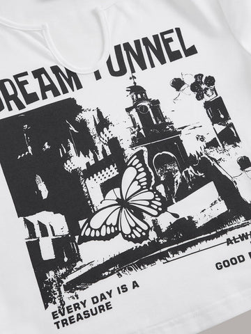 EZwear Butterfly & Letter Graphic Notched Neck Crop Tee