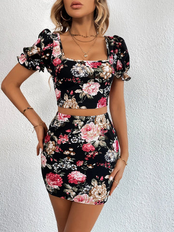 Floral Print Puff Sleeve Crop Top & Bodycon Skirt