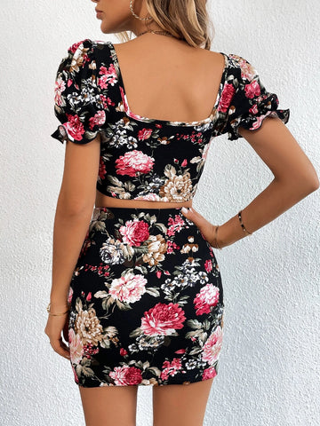 Floral Print Puff Sleeve Crop Top & Bodycon Skirt