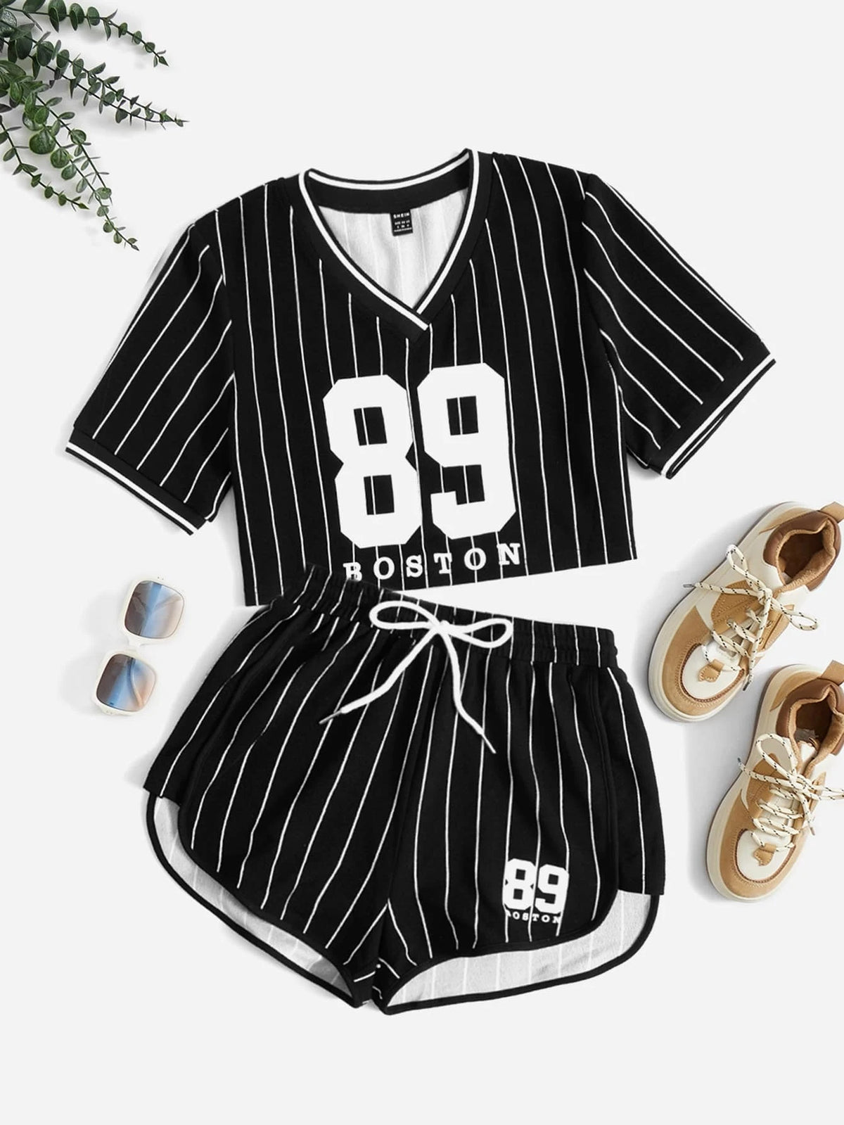 EZwear Striped & Letter Graphic Tee & Drawstring Waist Shorts