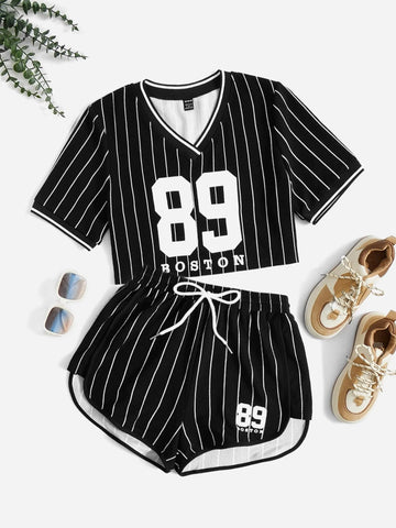 EZwear Striped & Letter Graphic Tee & Drawstring Waist Shorts