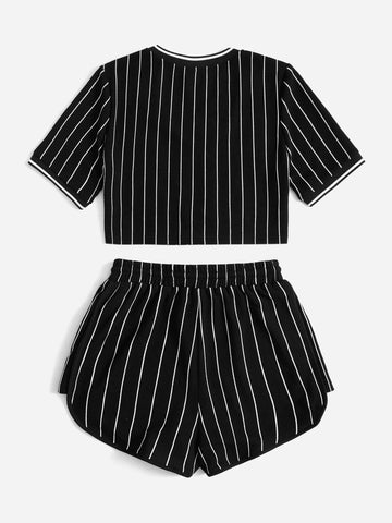 EZwear Striped & Letter Graphic Tee & Drawstring Waist Shorts