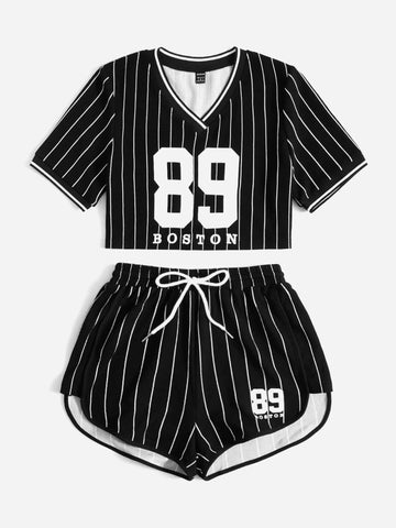 EZwear Striped & Letter Graphic Tee & Drawstring Waist Shorts
