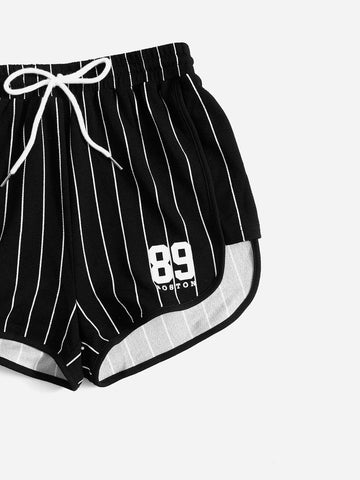 EZwear Striped & Letter Graphic Tee & Drawstring Waist Shorts