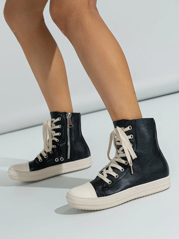 Women Eyelet Detail Lace Up Zipper Side High Top Casual Shoes, Sporty Skate Shoes For Outdoor