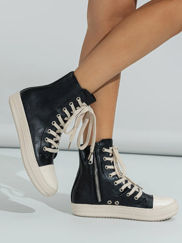 Women Eyelet Detail Lace Up Zipper Side High Top Casual Shoes, Sporty Skate Shoes For Outdoor