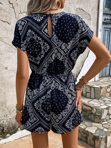 EMERY ROSE Paisley Scarf Print Batwing Sleeve Knot Front Romper