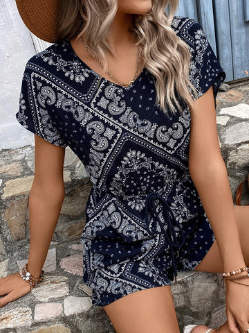 EMERY ROSE Paisley Scarf Print Batwing Sleeve Knot Front Romper