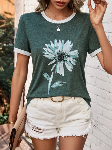 Floral Print Contrast Binding Tee