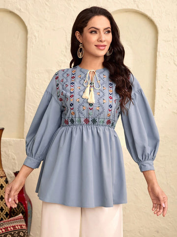 Modely Floral Embroidery Tassel Tie Neck Lantern Sleeve Peplum Blouse