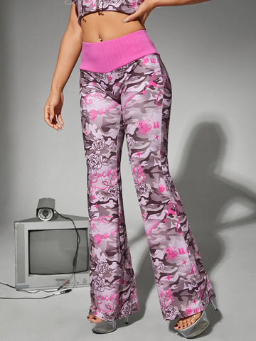 Camo Print Flare Leg Pants