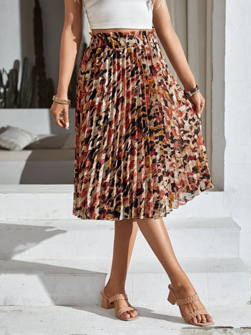Frenchy Allover Print Paperbag Waist Pleated Skirt
