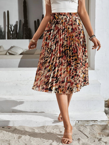 Frenchy Allover Print Paperbag Waist Pleated Skirt