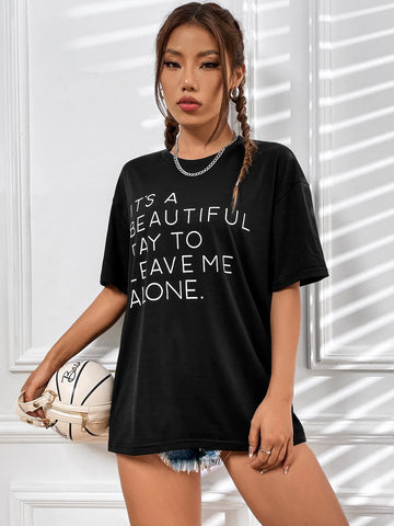 EZwear Slogan Graphic Drop Shoulder Tee