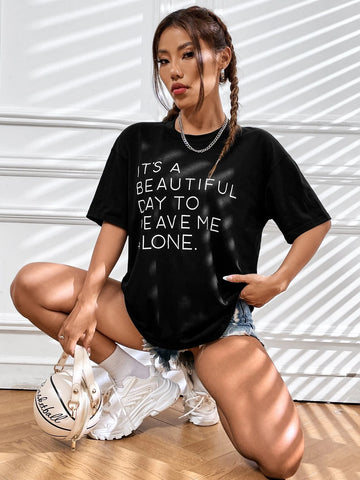 EZwear Slogan Graphic Drop Shoulder Tee