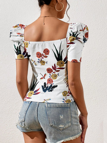 Unity Floral Print Sweetheart Neck Puff Sleeve Tee