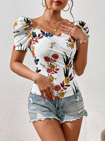 Unity Floral Print Sweetheart Neck Puff Sleeve Tee